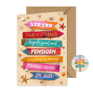 Uitnodiging strand feest beach party pensioen wegwijzers
